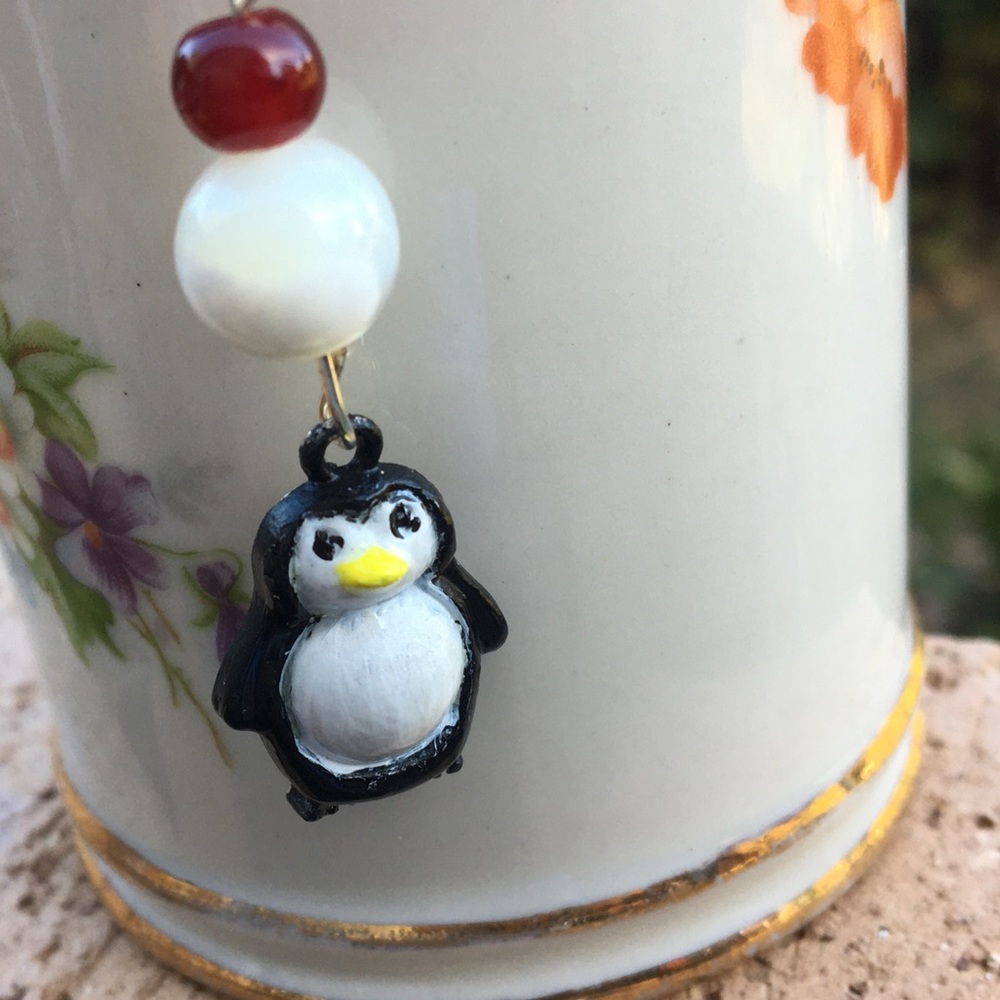 White Mother of Pearl Red Carnelian Penguin Earrings - Picture 9 of 9
